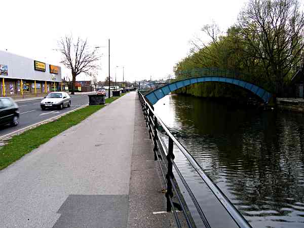 Looking along the canalised River Foss towards Walmgate Bar.