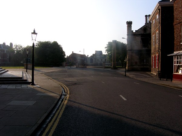 Looking past the south door of the Minster towards Deangate, Goodramgate and Monk Bar.
